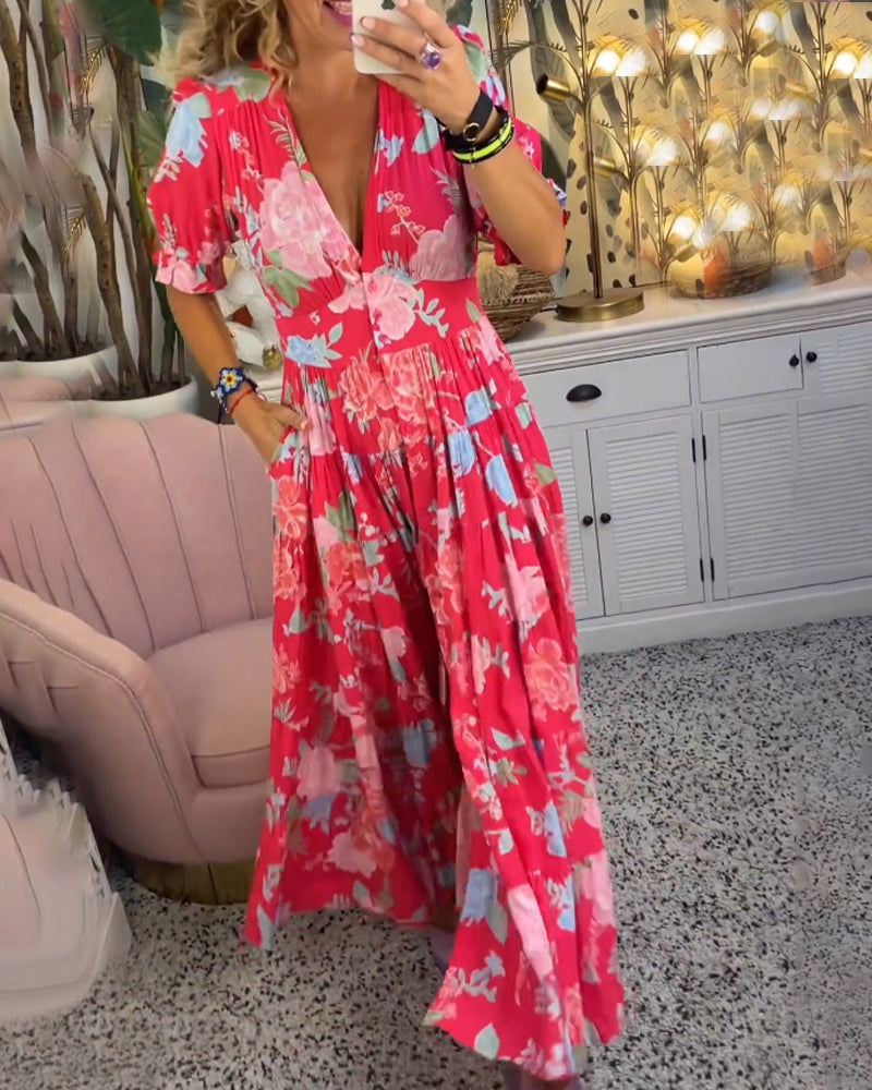 Robe à poche imprimée florale en v