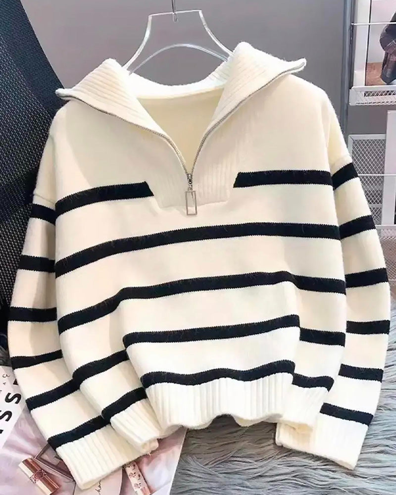 Pull Col Rabattu Zip Rayé Manches Longues