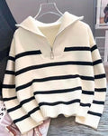 Pull Col Rabattu Zip Rayé Manches Longues