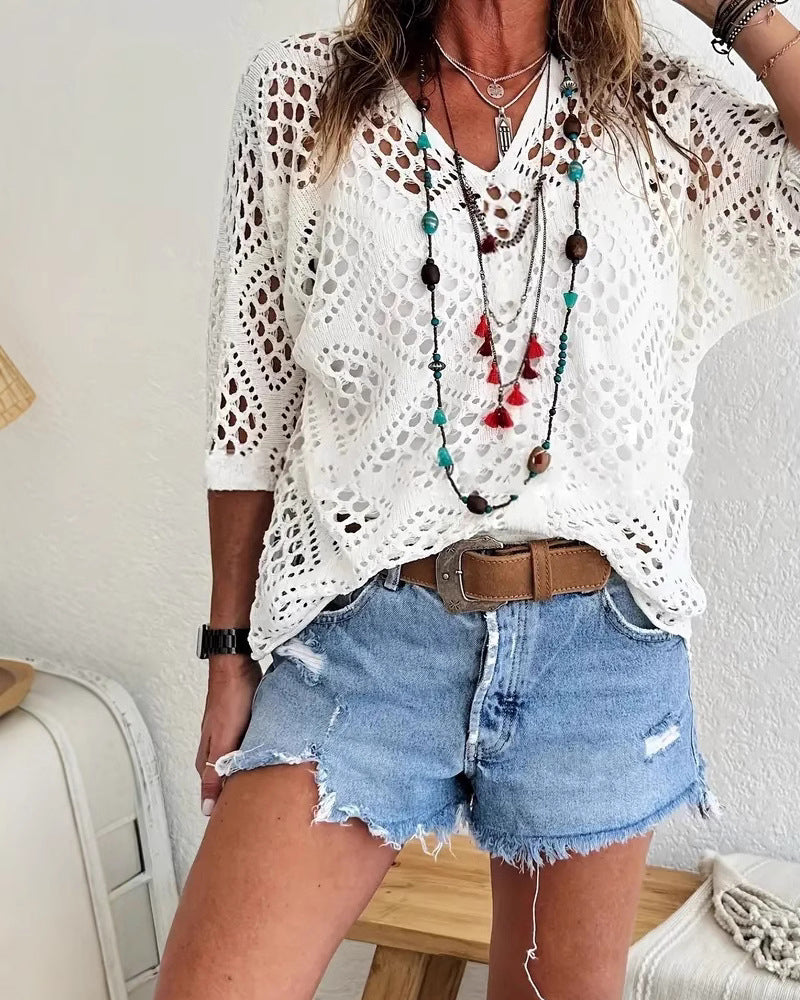 Top Ample en Dentelle à Motif de Diamant