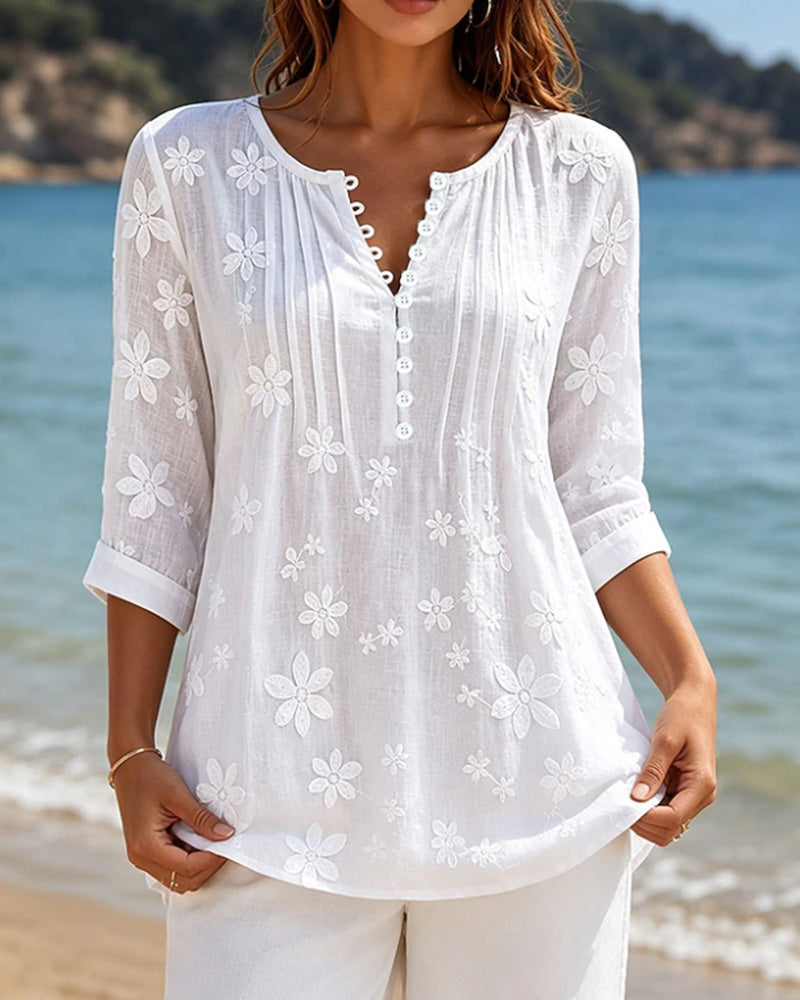 Blouse Bouton Devant Froncée Fleurie Unie