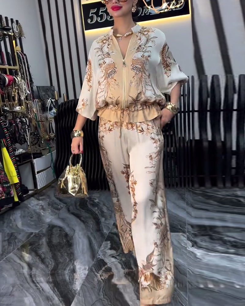 Costume à col montant et fermeture éclair avec jambes larges