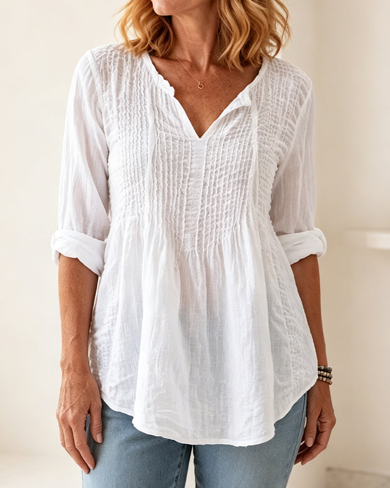 Blouse Col En V Cordon De Serrage Unie