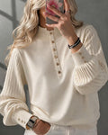 Pull Col Roulé Bouton Côtelé Manches Bouffantes