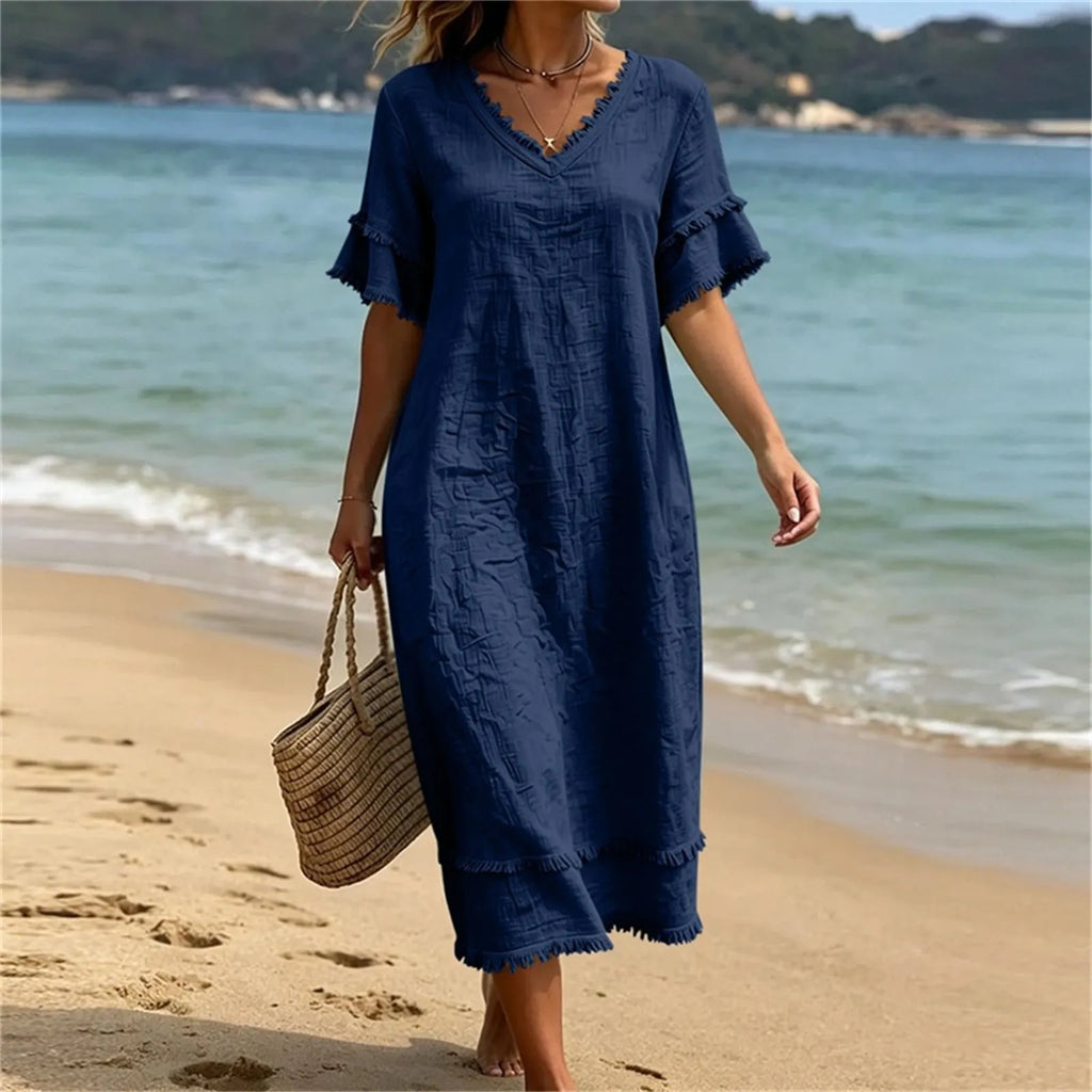 Robe femme bohème col V avec franges et coupe fluide