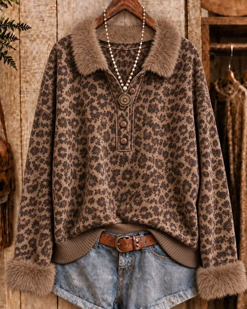Sweatshirt à boutons à revers imprimé léopard à manches longues