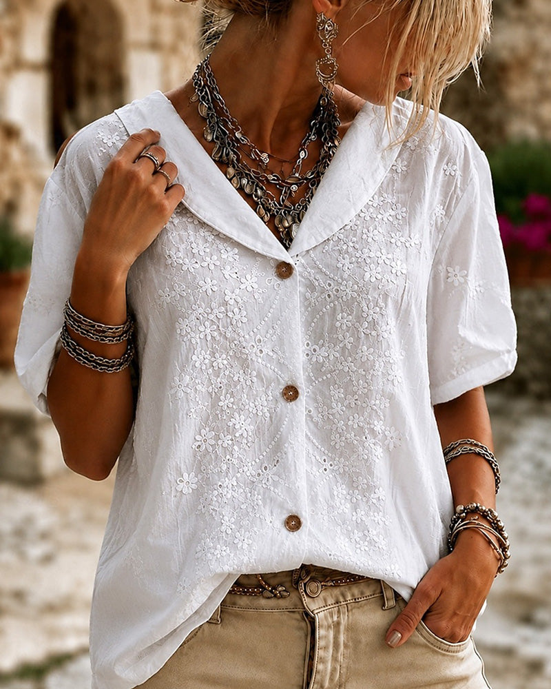 Blouse Revers Bouton Tridimensionnelle Fleurie