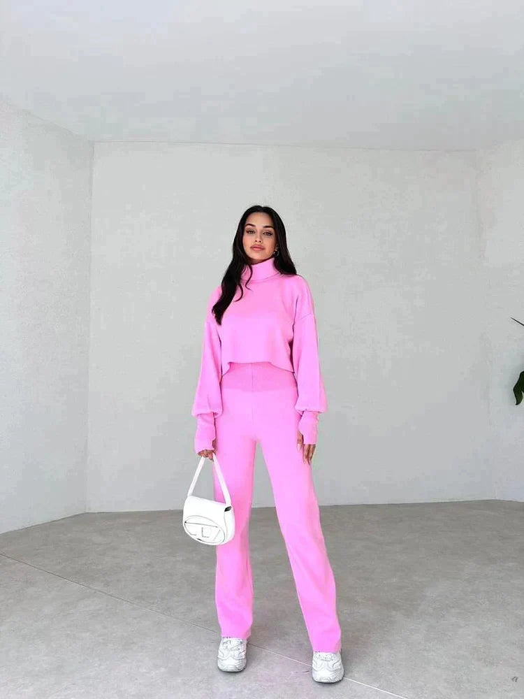 Ensemble Femme Deux Pièces Pull Col Montant Oversize Pantalon Droit