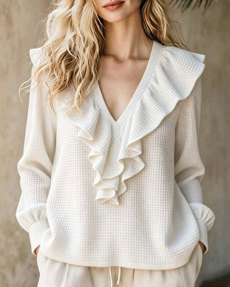 Blouse à Volants en Tricot Waffle avec Col en V