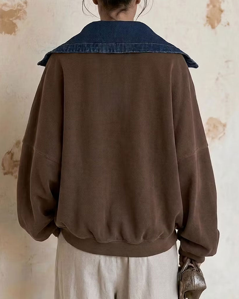 Sweatshirt Revers Denim Patchwork Lâche