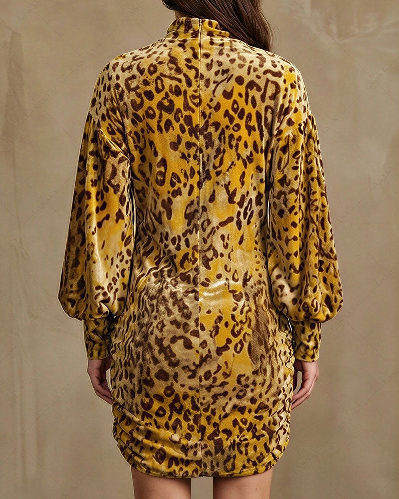 Robe Col Haut Léopard Manche Lanterne Élégante