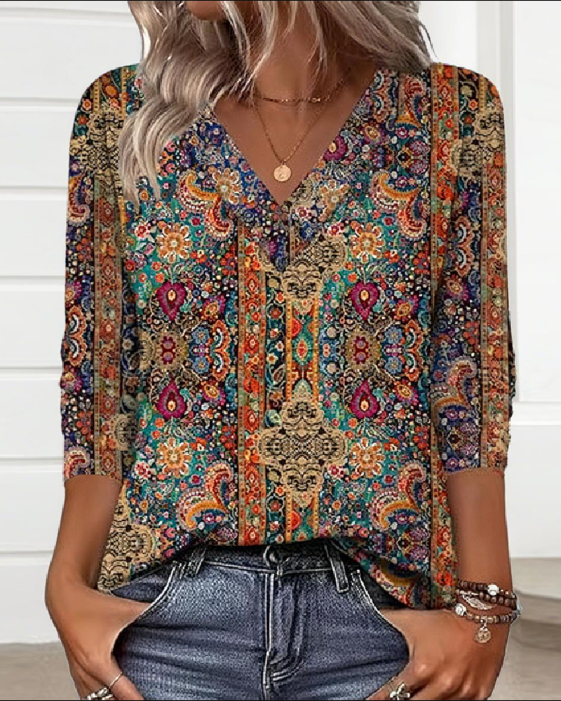 Blouse imprimée à col en V inspirée du vintage