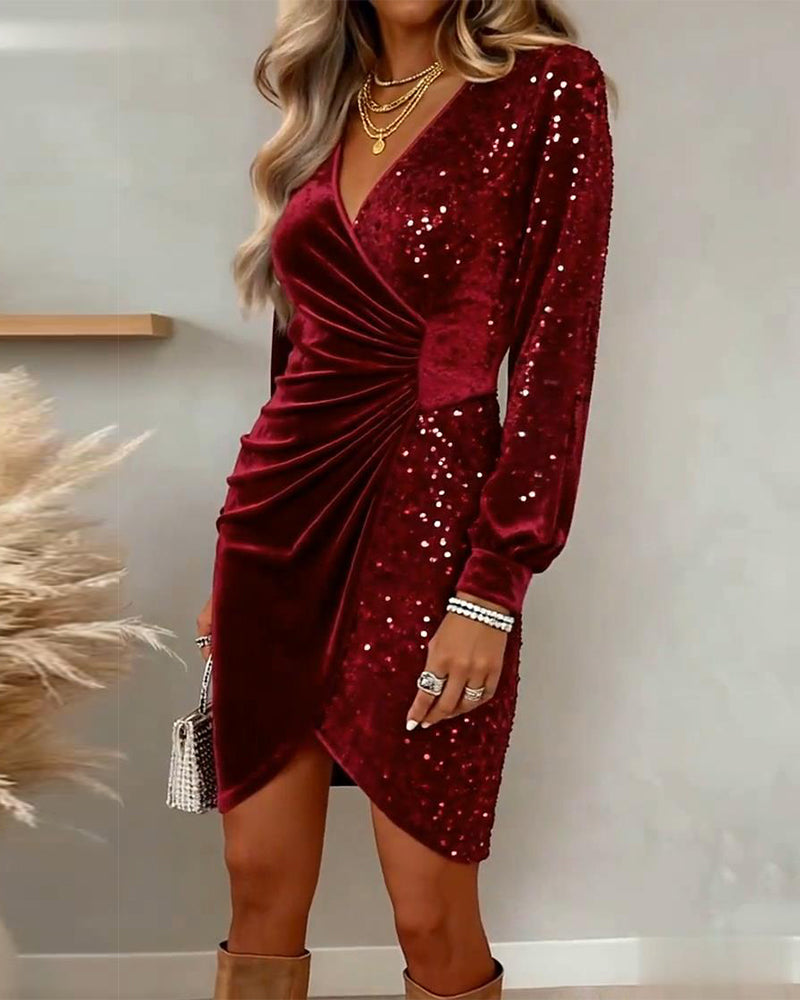 Robe en Velours à Paillettes avec Décolleté en V Sexy