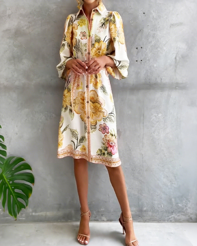 Robe imprimée à col notch et manches en lanterne