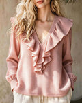Blouse à Volants en Tricot Waffle avec Col en V