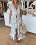 Robe à manches fendues en V imprimée pour les vacances