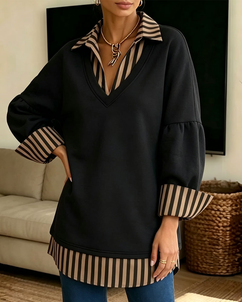 Sweatshirt Revers Rayé Patchwork Lâche