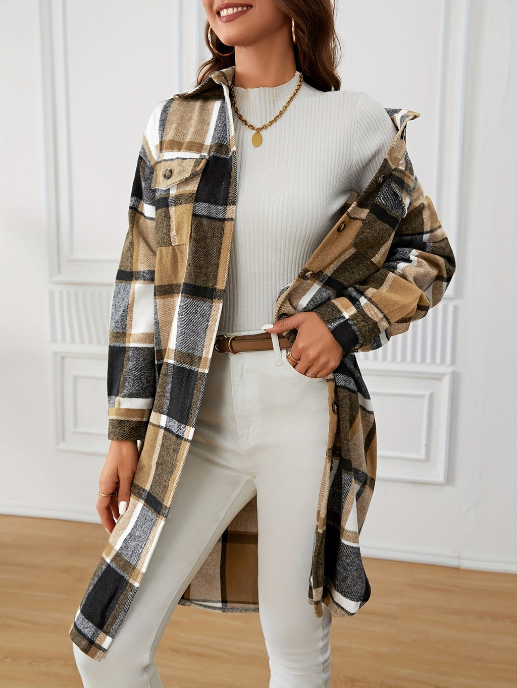 Elowen | Manteau long à carreaux pour femmes avec boutons
