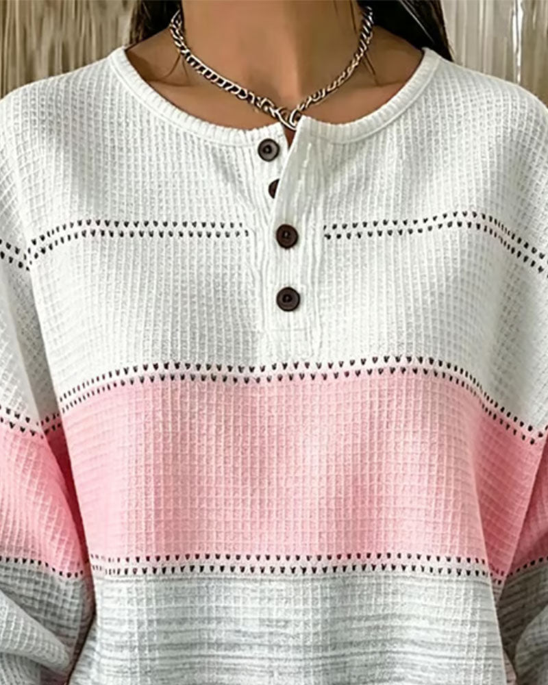 Sweat-shirt à col rond en maille avec boutons et blocs de couleur
