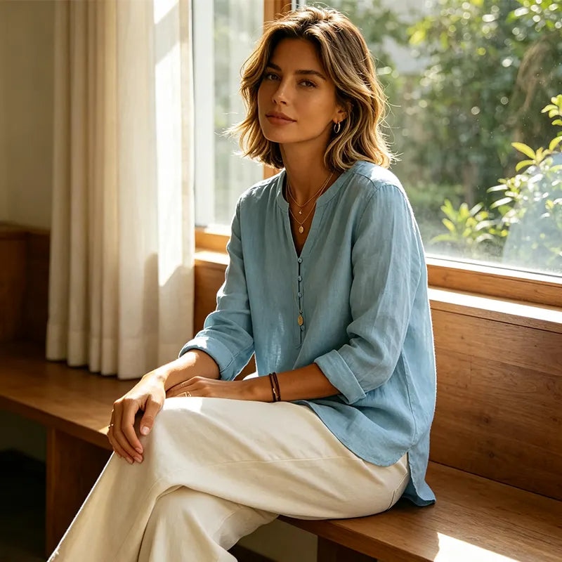 Chemise femme ample à col V avec boutons et manches retroussables