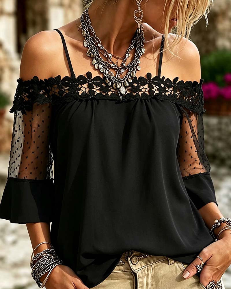 Blouse Bardot Bretelles Dentelle Panneau Découpe