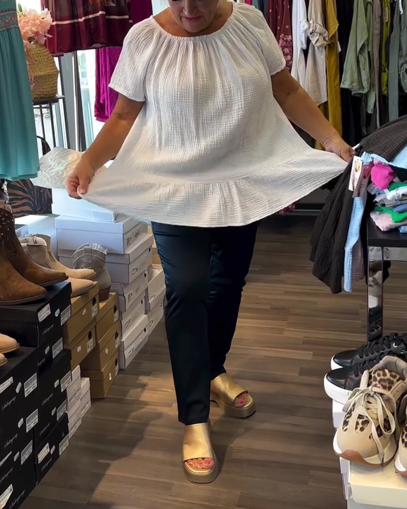 Blouse Col Rond Froncée Décontractée Unie