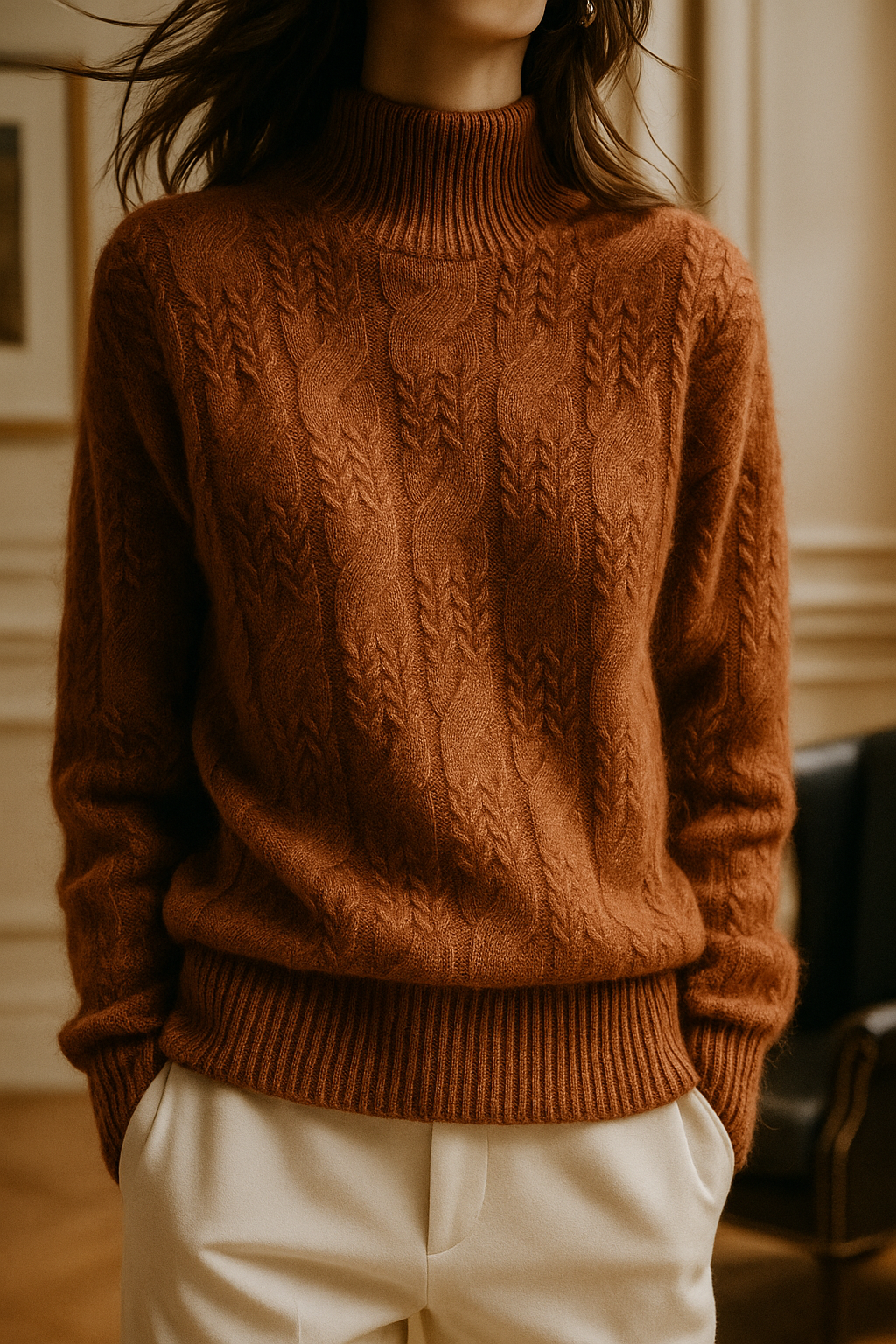 Pull en Cachemire Femme – Maille Torsadée et Col Mi-Haut Intemporel