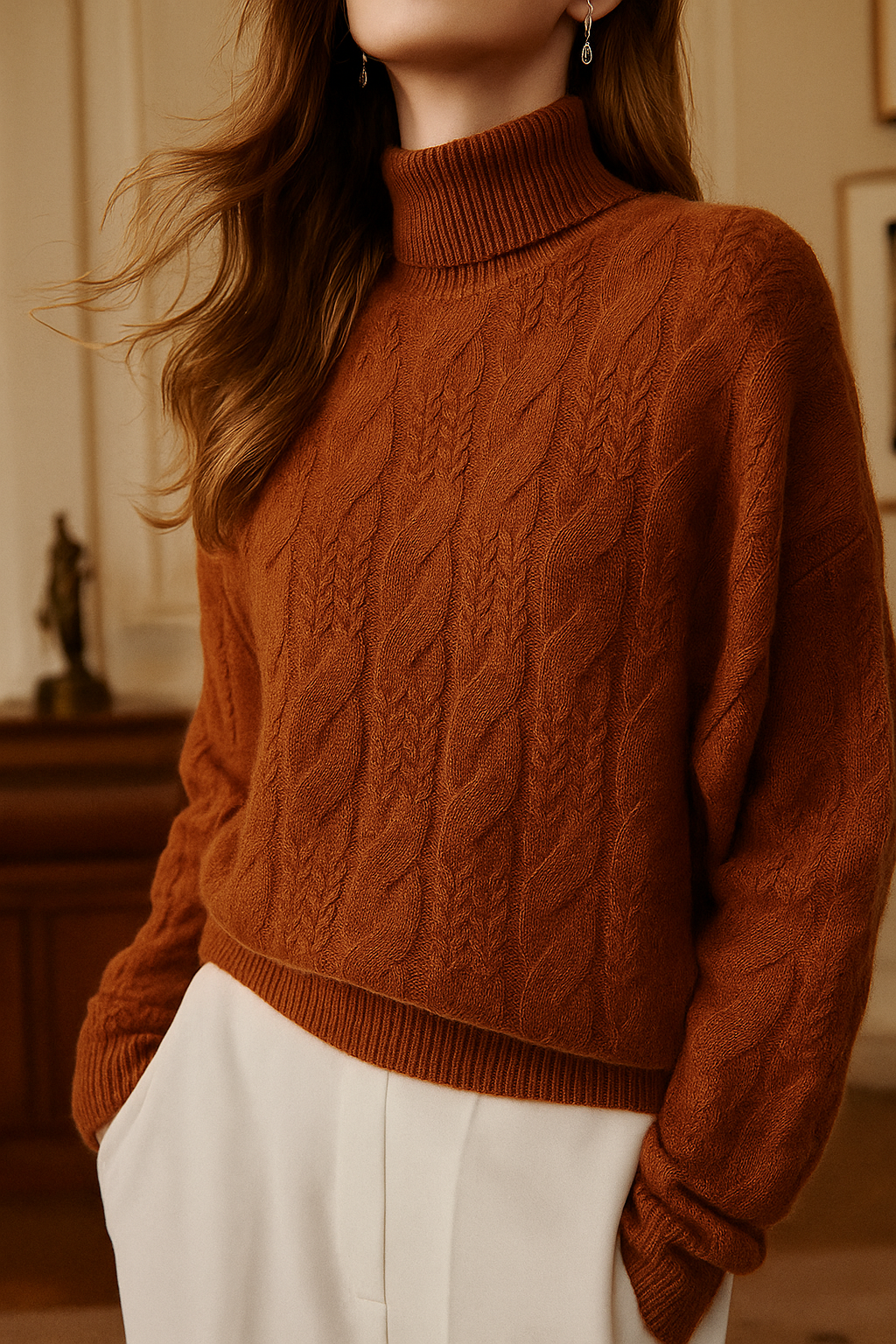 Pull en Cachemire Femme – Maille Torsadée et Col Mi-Haut Intemporel