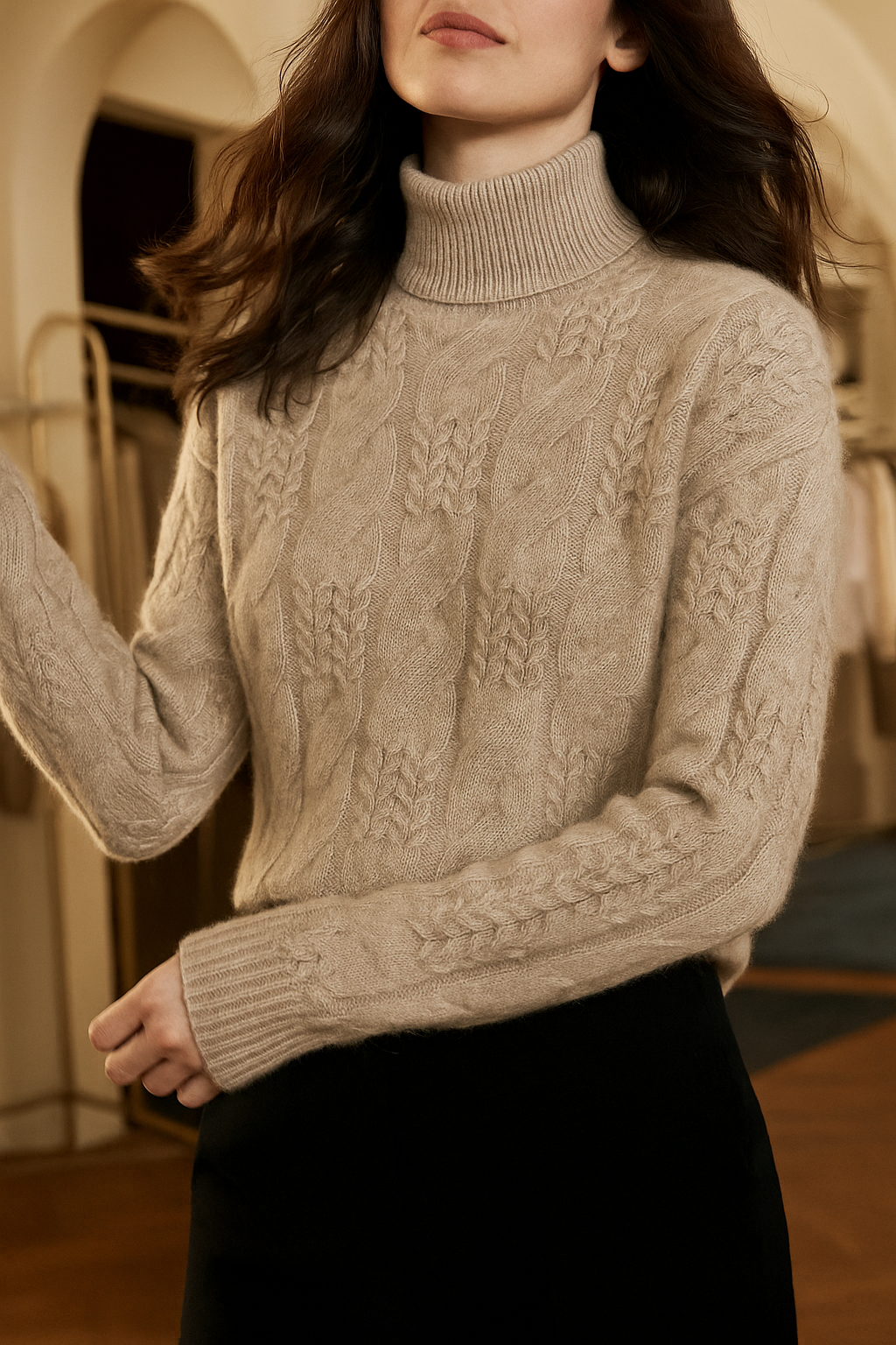 Pull en Cachemire Femme – Maille Torsadée et Col Mi-Haut Intemporel