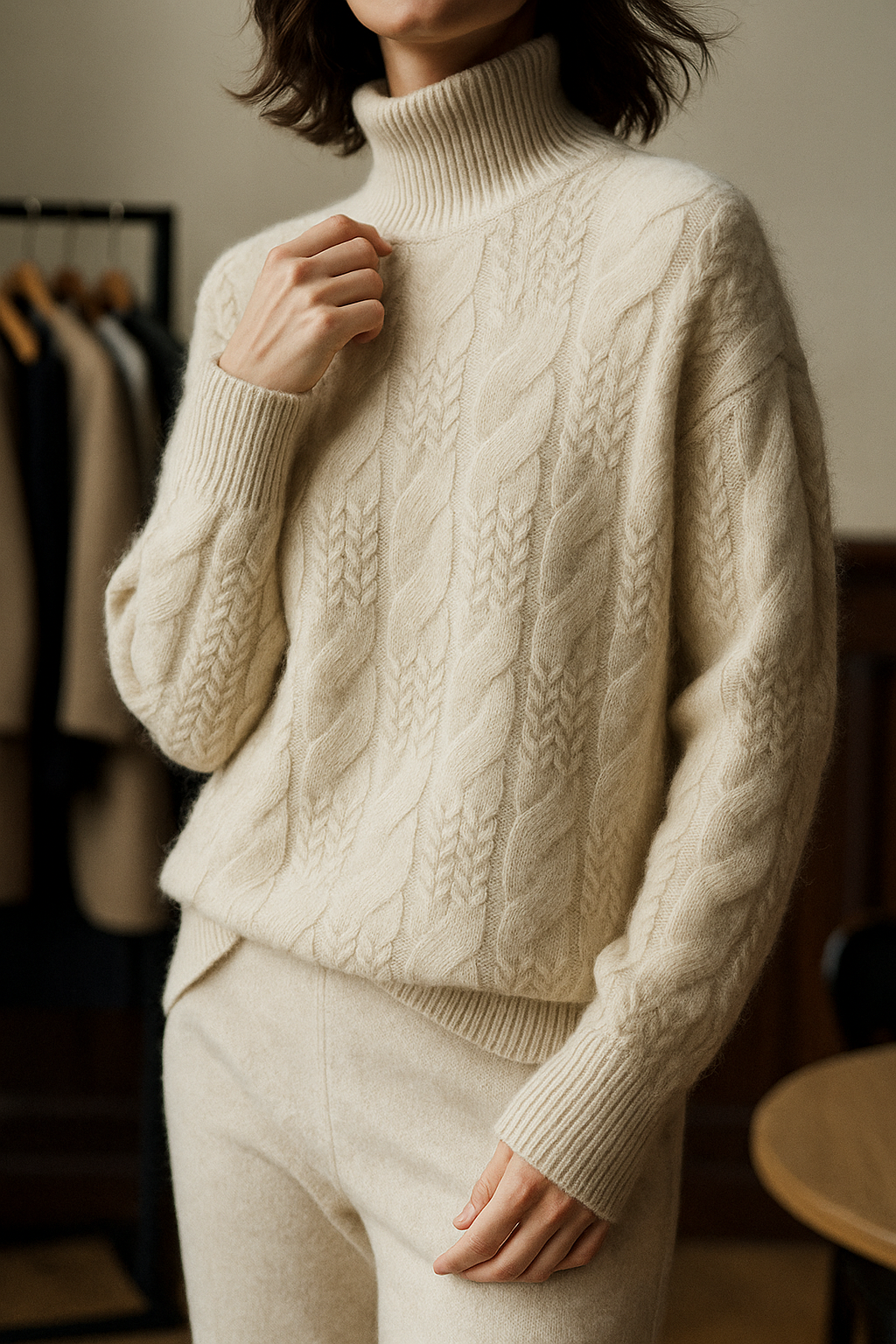 Pull en Cachemire Femme – Maille Torsadée et Col Mi-Haut Intemporel
