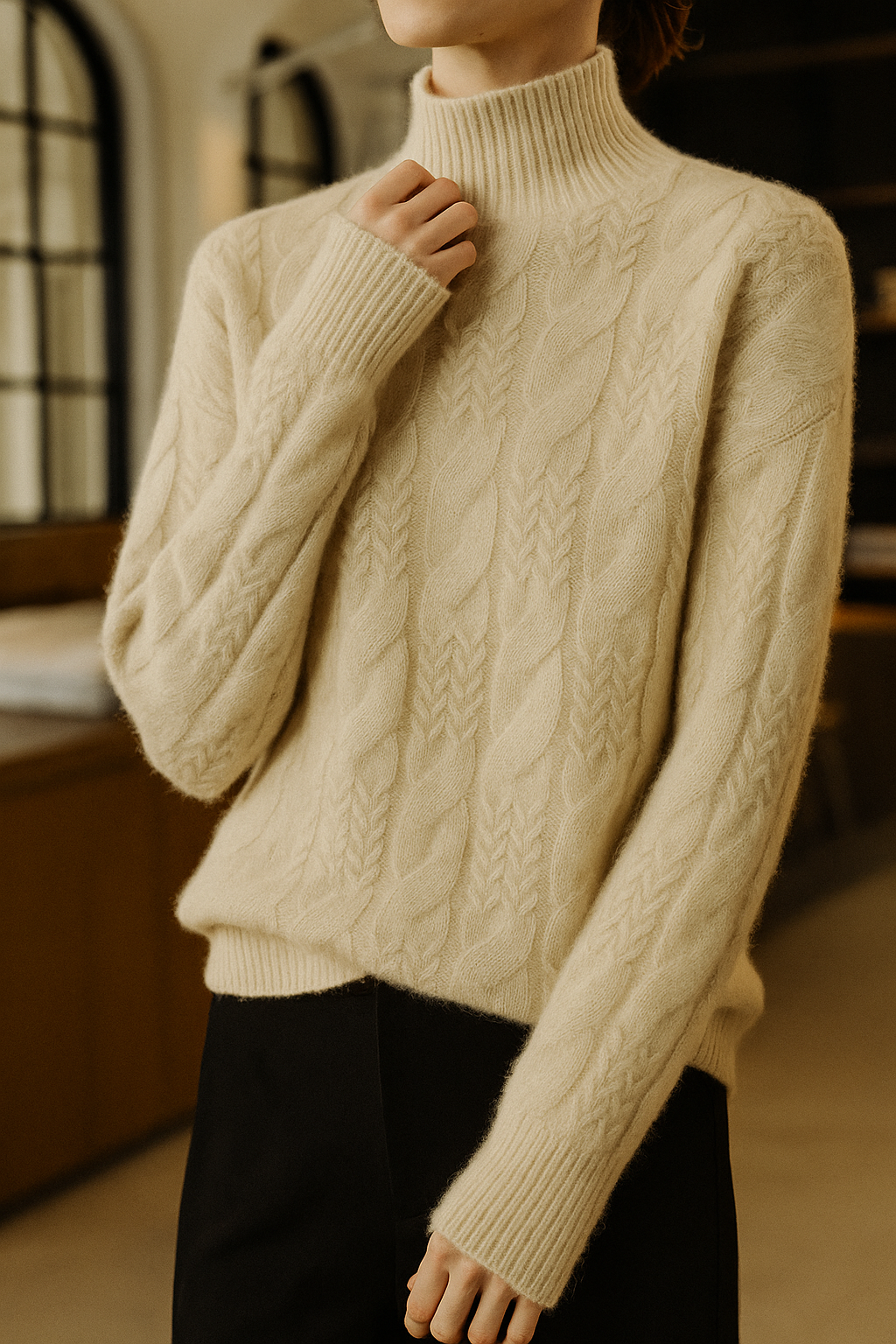 Pull en Cachemire Femme – Maille Torsadée et Col Mi-Haut Intemporel