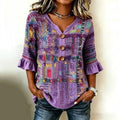 Lavendria | Blouse Vintage-Patchwork avec manches mi-longues froncées