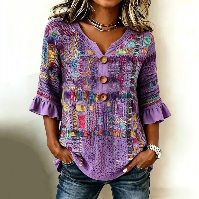 Lavendria | Blouse Vintage-Patchwork avec manches mi-longues froncées