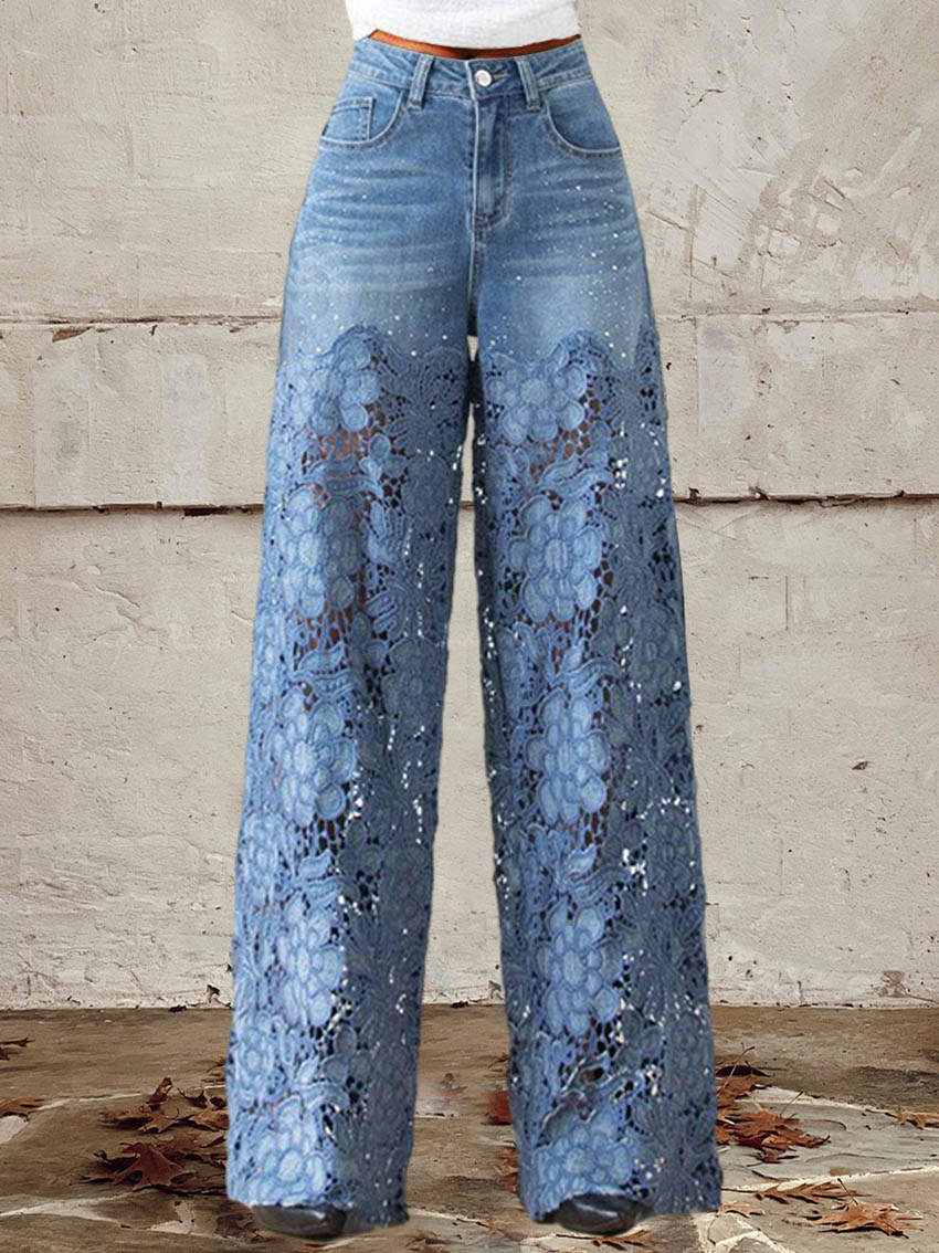 Celeste™ - Jeans mi-hauteur en dentelle et patchwork
