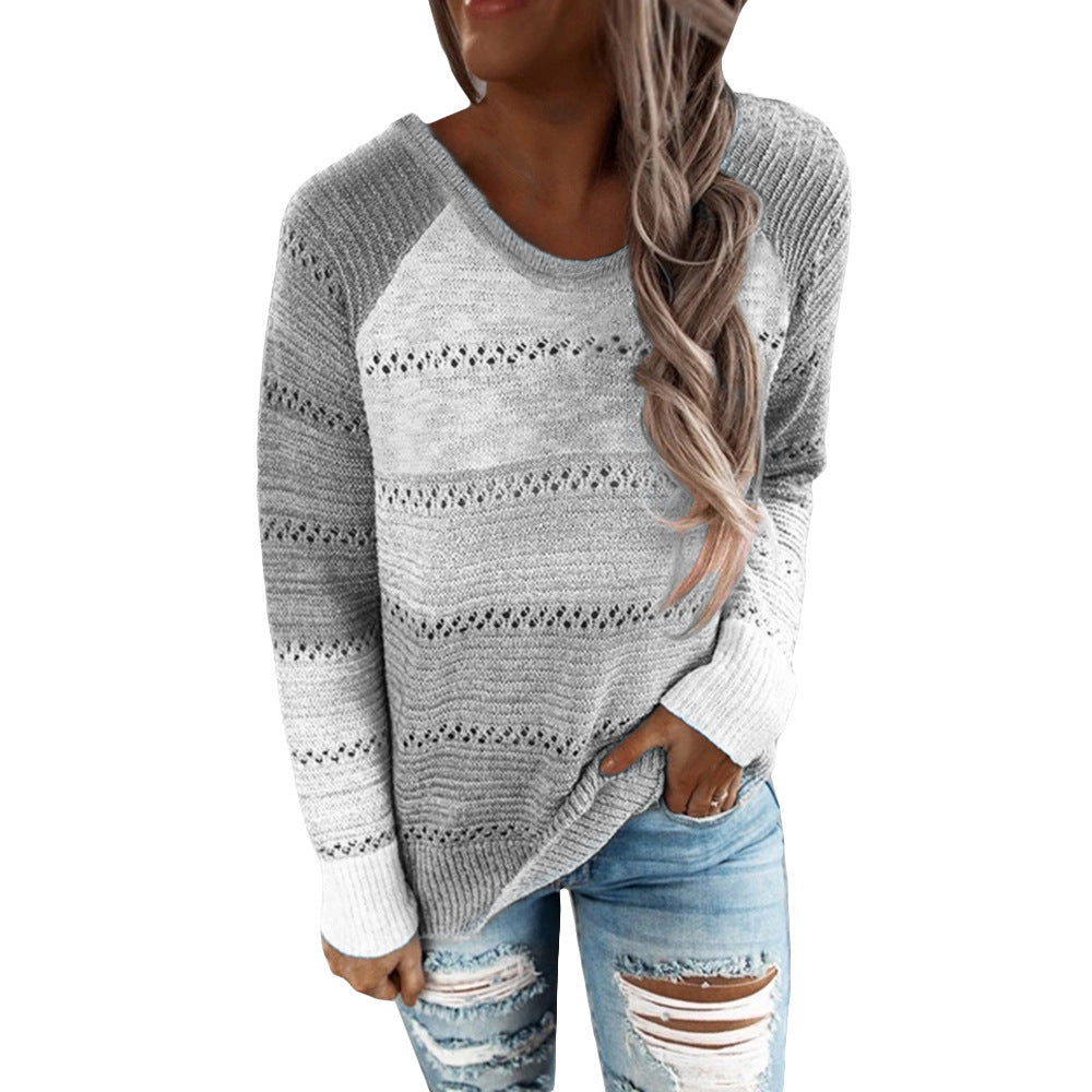 Pull en tricot décontracté pour femmes avec motif ajouré, inserts en color block et coupe décontractée Echoarchiv