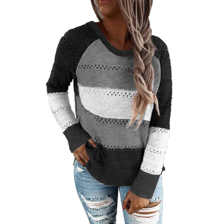 Pull en tricot décontracté pour femmes avec motif ajouré, inserts en color block et coupe décontractée Echoarchiv