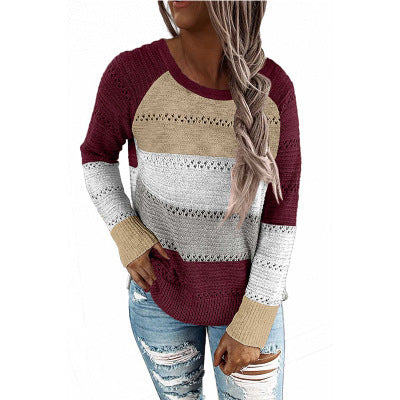 Pull en tricot décontracté pour femmes avec motif ajouré, inserts en color block et coupe décontractée Echoarchiv