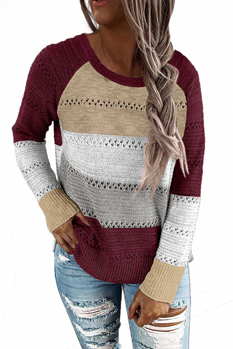 Pull en tricot décontracté pour femmes avec motif ajouré, inserts en color block et coupe décontractée Echoarchiv