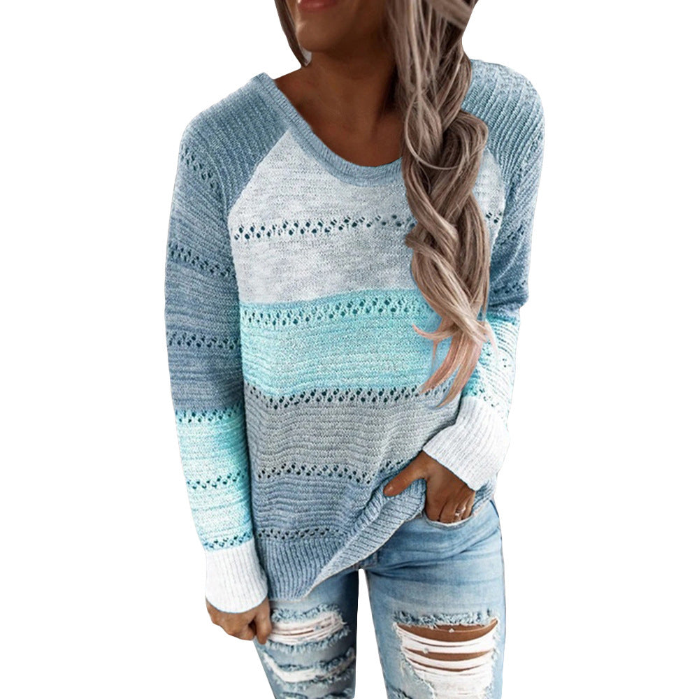 Pull en tricot décontracté pour femmes avec motif ajouré, inserts en color block et coupe décontractée Echoarchiv