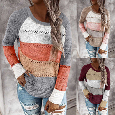 Pull en tricot décontracté pour femmes avec motif ajouré, inserts en color block et coupe décontractée Echoarchiv