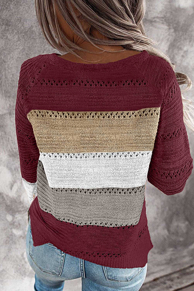 Pull en tricot décontracté pour femmes avec motif ajouré, inserts en color block et coupe décontractée Echoarchiv