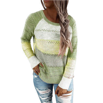 Pull en tricot décontracté pour femmes avec motif ajouré, inserts en color block et coupe décontractée Echoarchiv