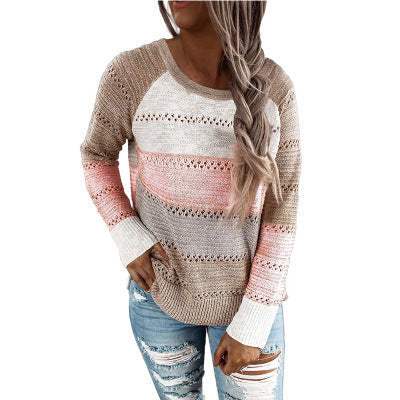 Pull en tricot décontracté pour femmes avec motif ajouré, inserts en color block et coupe décontractée Echoarchiv