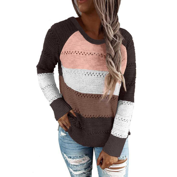 Pull en tricot décontracté pour femmes avec motif ajouré, inserts en color block et coupe décontractée Echoarchiv
