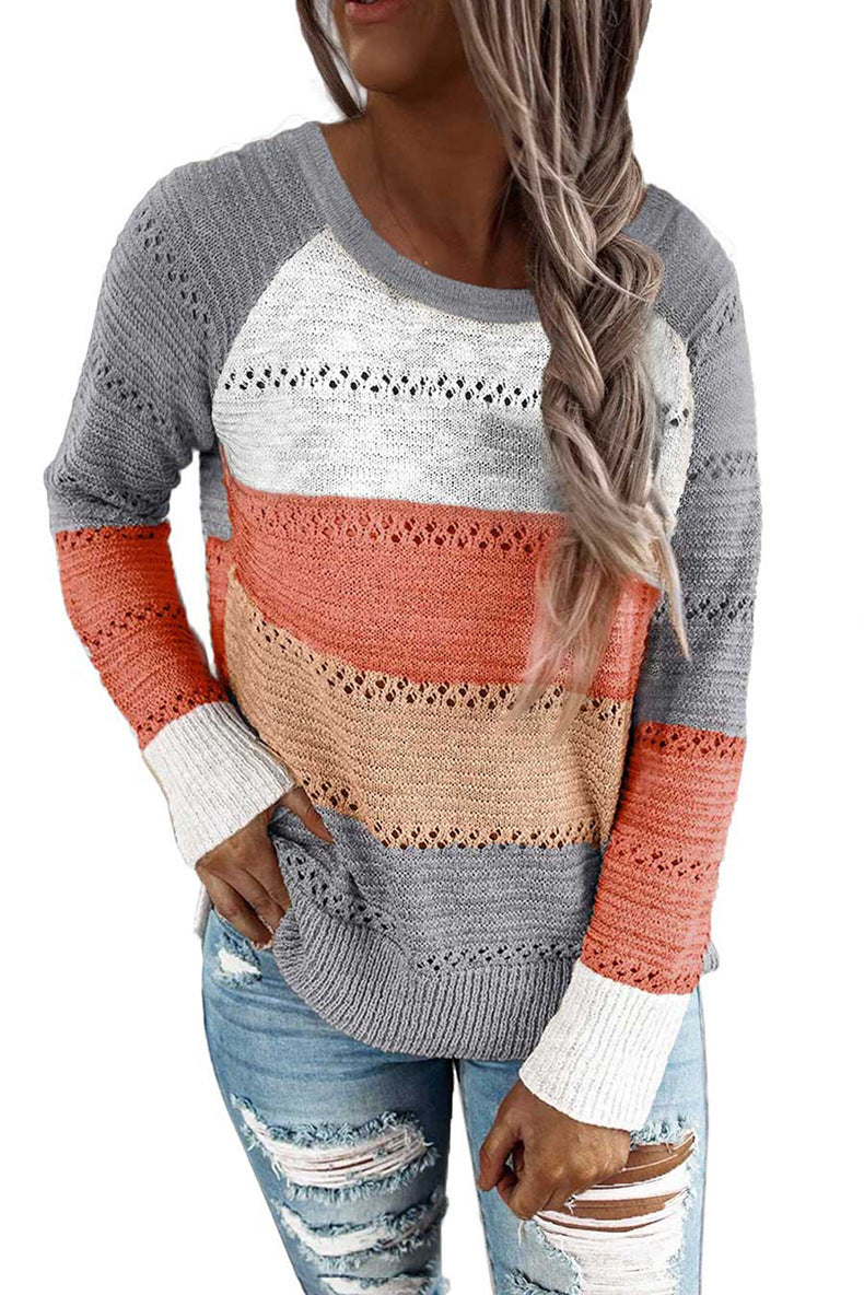 Pull en tricot décontracté pour femmes avec motif ajouré, inserts en color block et coupe décontractée Echoarchiv