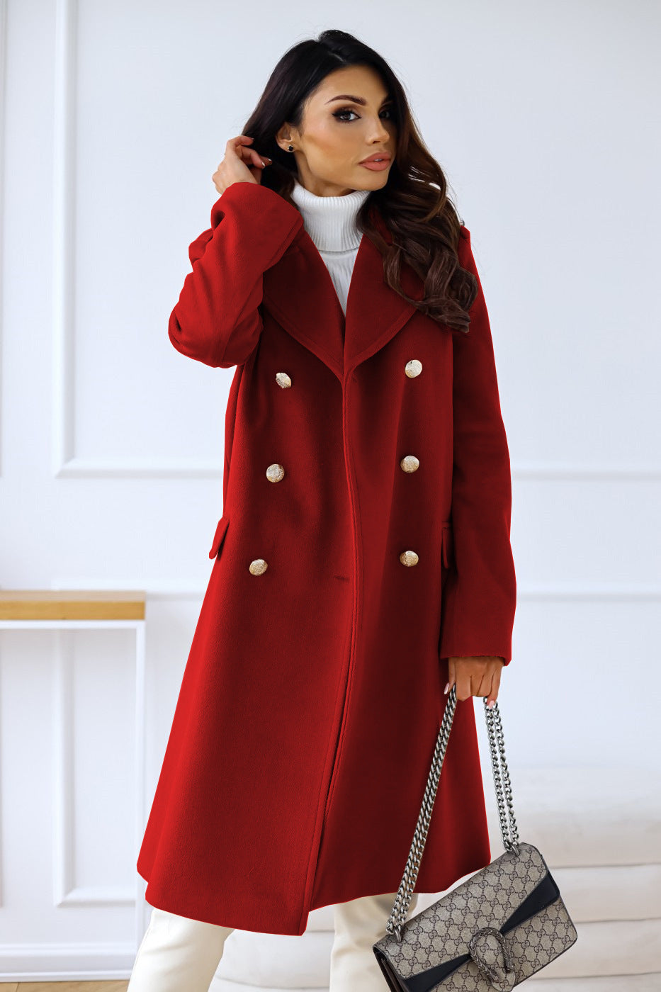 Manteau Femme à Double Boutonnage avec Boutons Dorés