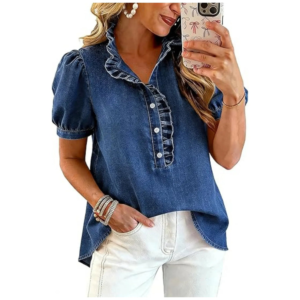 Haut femme en denim avec col volanté et manches bouffantes