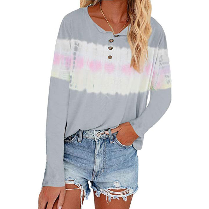 T-shirt Henley à manches longues décontracté pour femmes avec panneau batik horizontal Echoarchiv