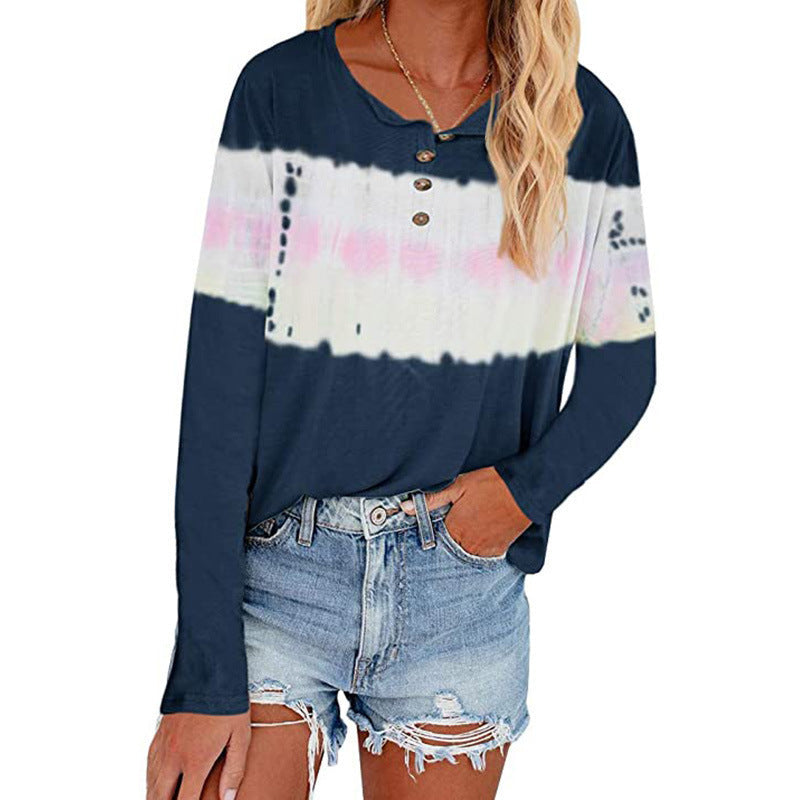 T-shirt Henley à manches longues décontracté pour femmes avec panneau batik horizontal Echoarchiv
