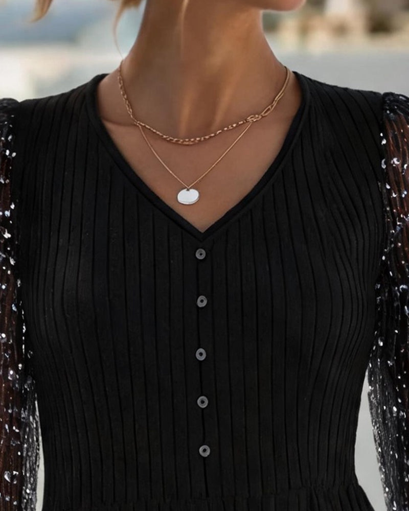 Robe Col En V Bouton Dentelle Patchwork